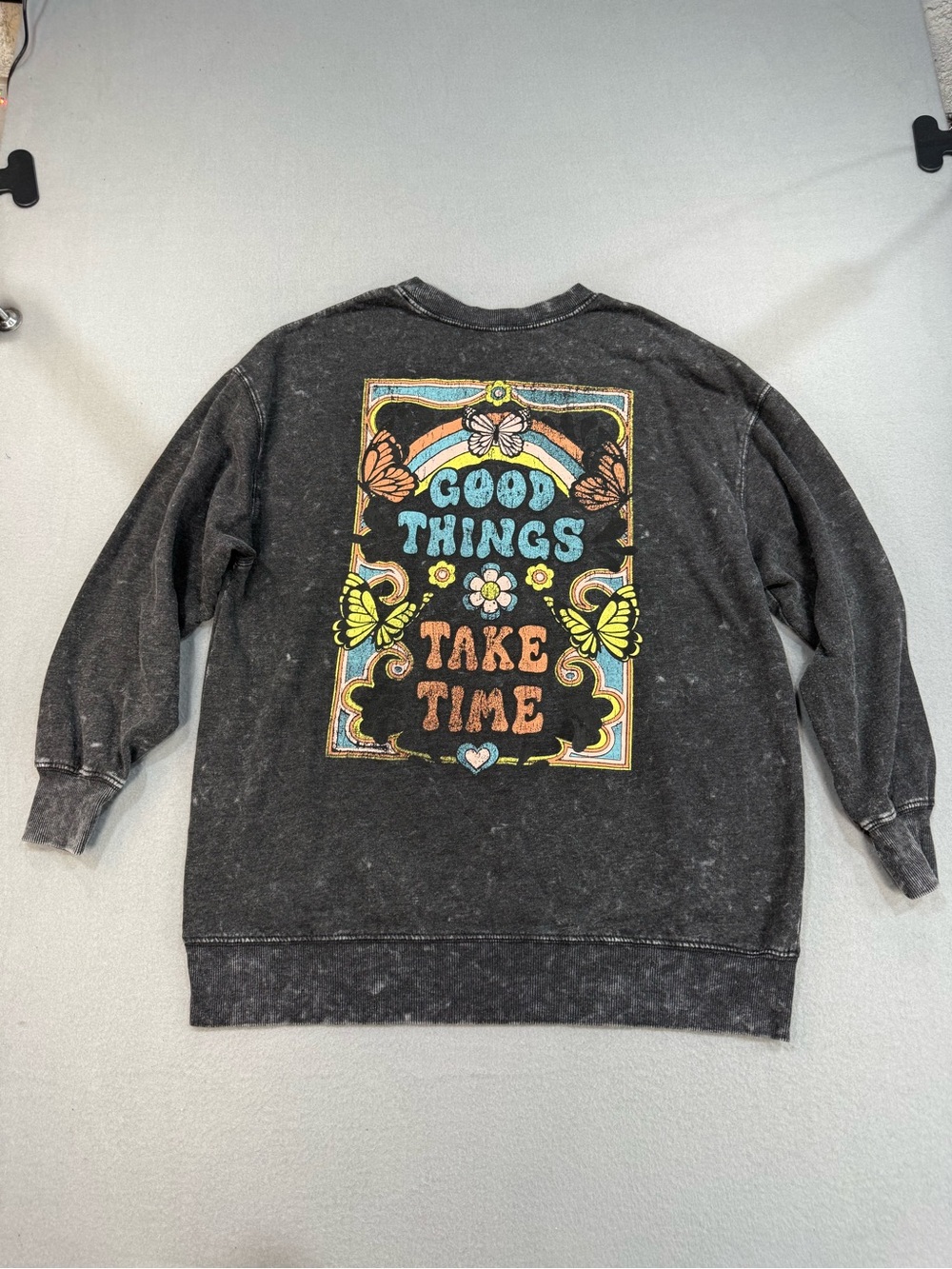 Rebellious One Black Mineral-Wash 'Good Things Take Time' Graphic Crewneck